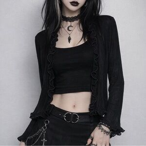 Black Ruffle Trim Open Front Cardigan Goth Witchy Emo E-Girl Y2K Top Small